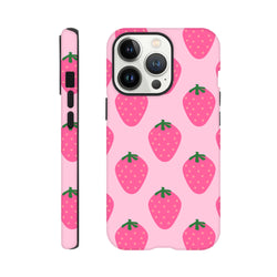 Pink tough iPhone case featuring a cute strawberry pattern with high-gloss wraparound graphics for reliable defense.