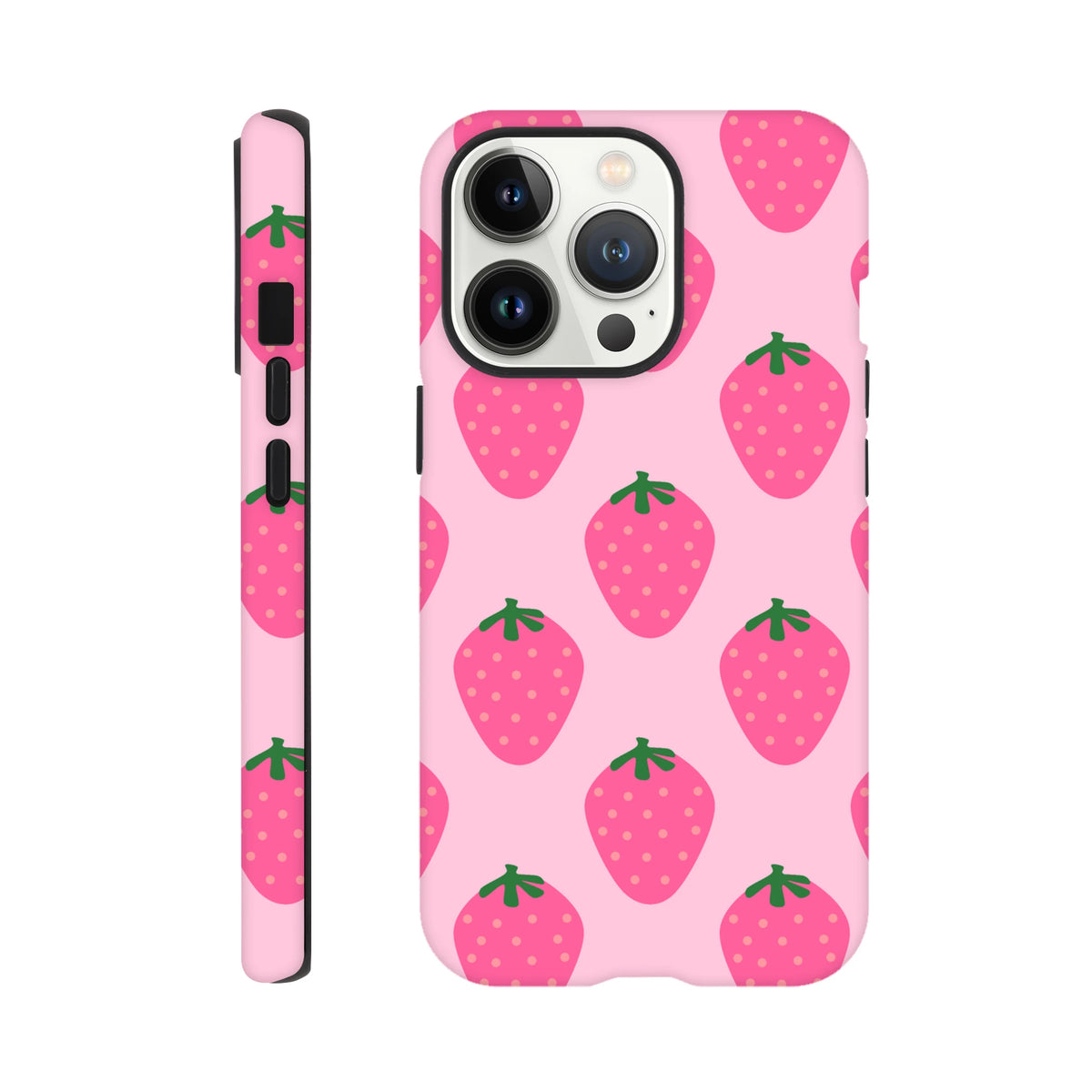 Pink tough iPhone case featuring a cute strawberry pattern with high-gloss wraparound graphics for reliable defense.