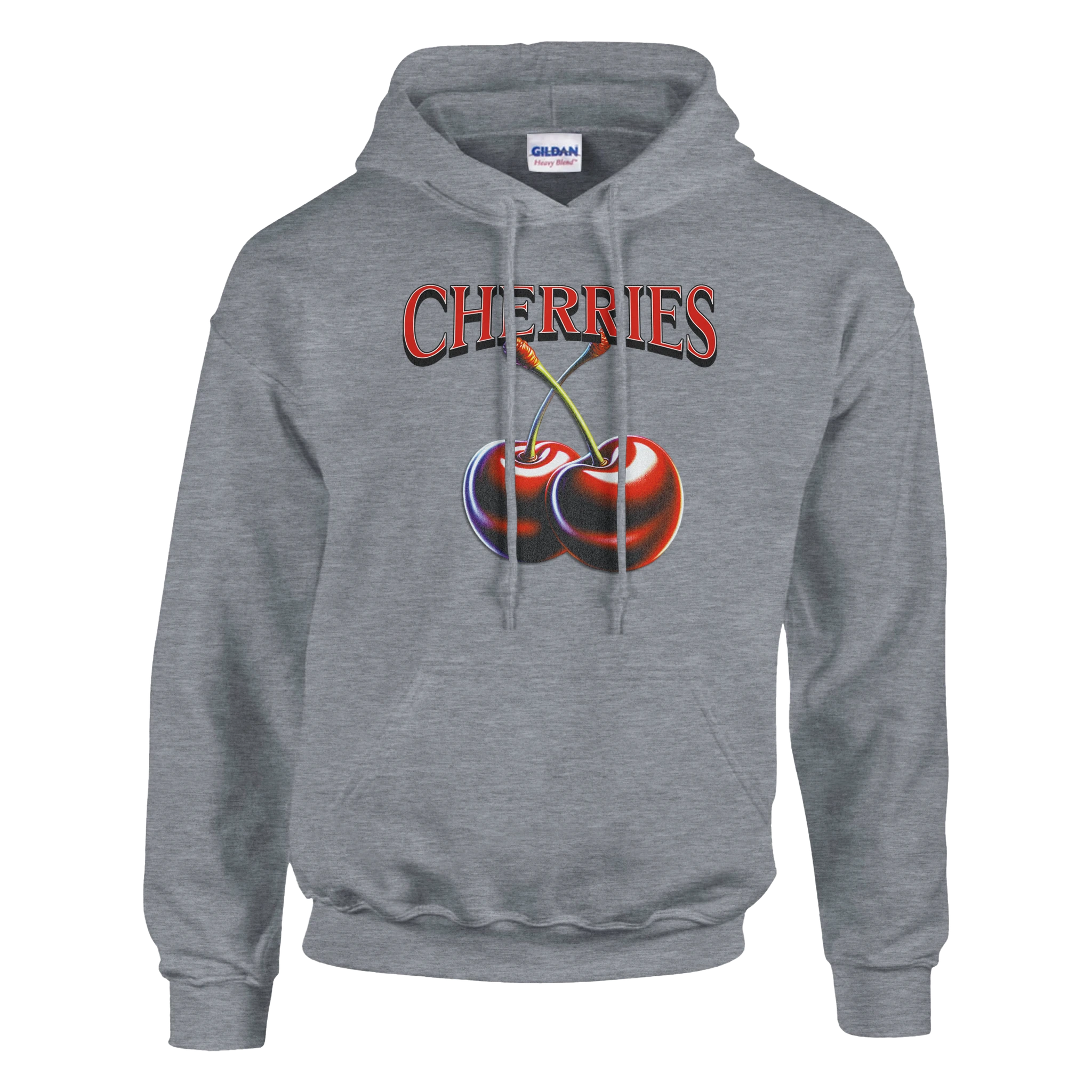 Women's gray hoodie featuring a bold CHERRIES graphic with two cherries, retro Y2K aesthetic.