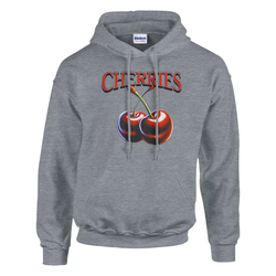 Women's gray hoodie featuring a bold CHERRIES graphic with two cherries, retro Y2K aesthetic.
