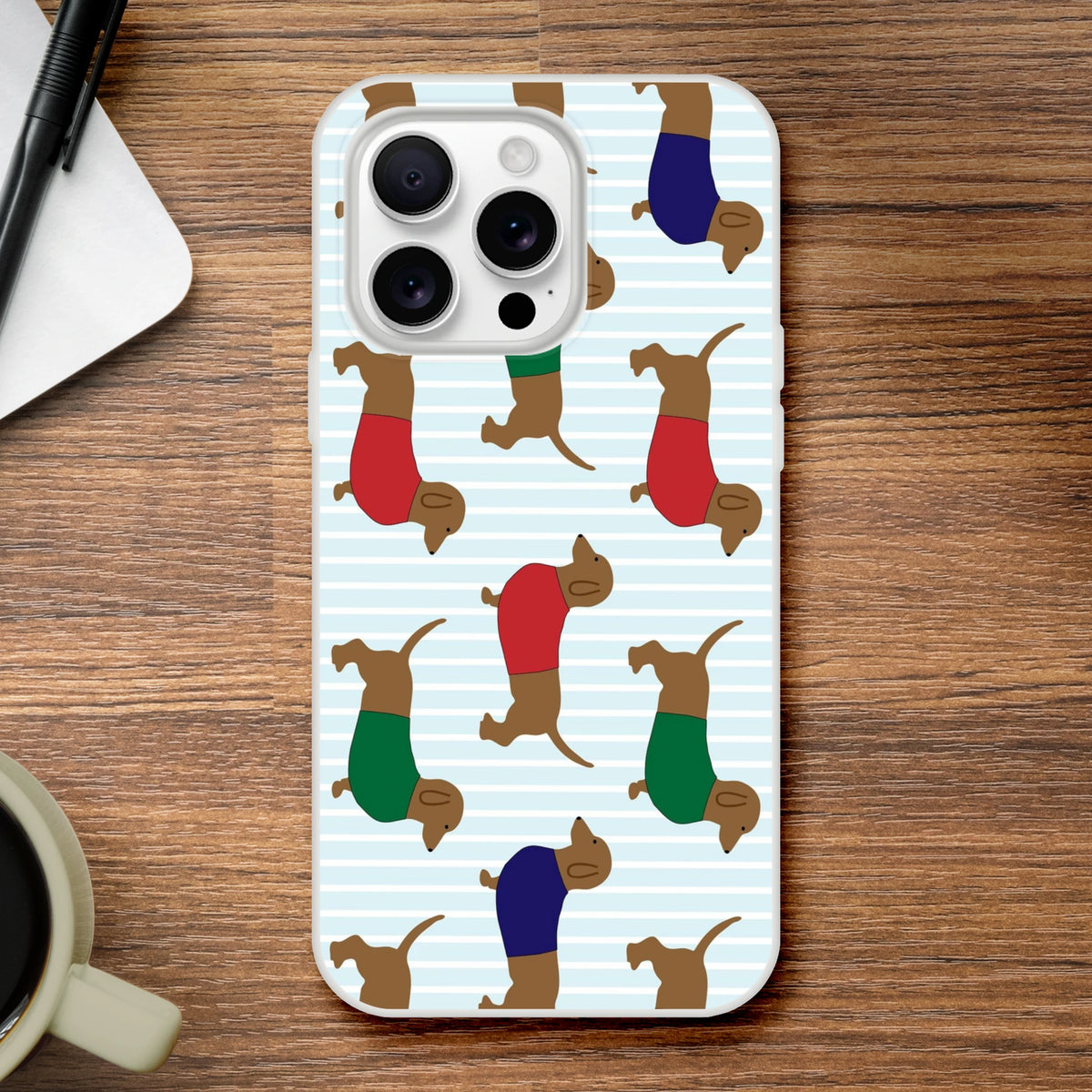 Cute Sausage Dog iPhone Case (13-16) dachshund pattern on light blue striped background; slim matte shell.