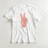 White heavyweight cotton blend men's T-shirt featuring a pink peace-sign graphic formed by typography.