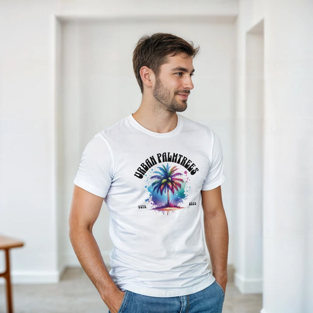 Man wearing white Urban Palmtrees T-shirt with a colorful palm tree graphic.