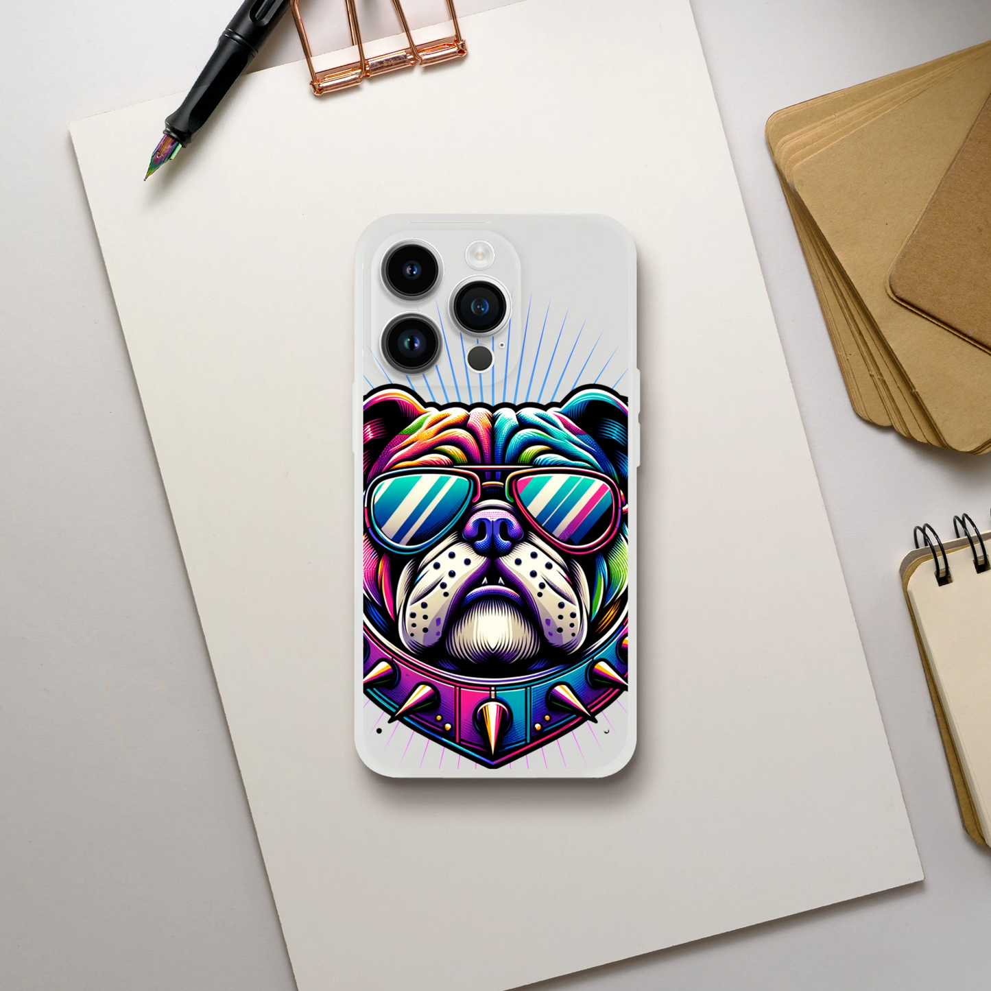 Colorful bulldog design on a frosty transparent iPhone case with sunglasses; slim protective cover for iPhone 13-16.