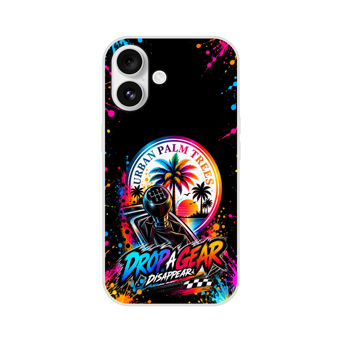 Drop A Gear iPhone case featuring a colorful gear shift, palm trees, and paint splatter design for petrolheads.