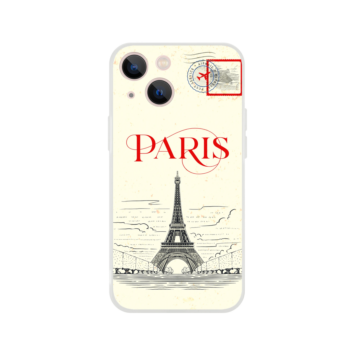 Vintage postcard Paris iPhone case with Eiffel Tower illustration and bold PARIS text.
