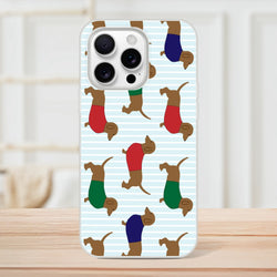 Dachshund-pattern iPhone case for 13-16 with light blue stripes and colorful legs.