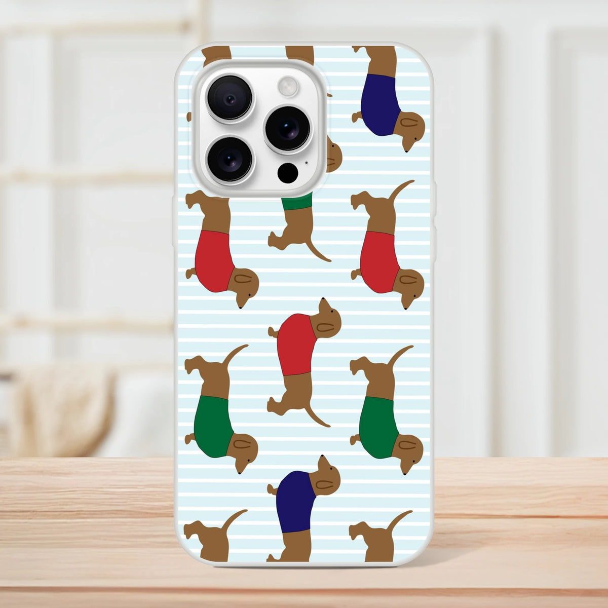 Dachshund-pattern iPhone case for 13-16 with light blue stripes and colorful legs.