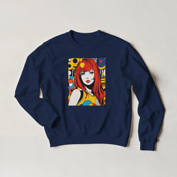 Navy blue sweatshirt featuring a retro comic-style graphic of a red-haired pop art woman against a colorful geometric background.