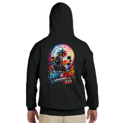 Back of black Drop A Gear hoodie for men featuring a colorful manual shifter and "Urban Palm Trees" sunset graphic. Modified car culture sweatshirt.