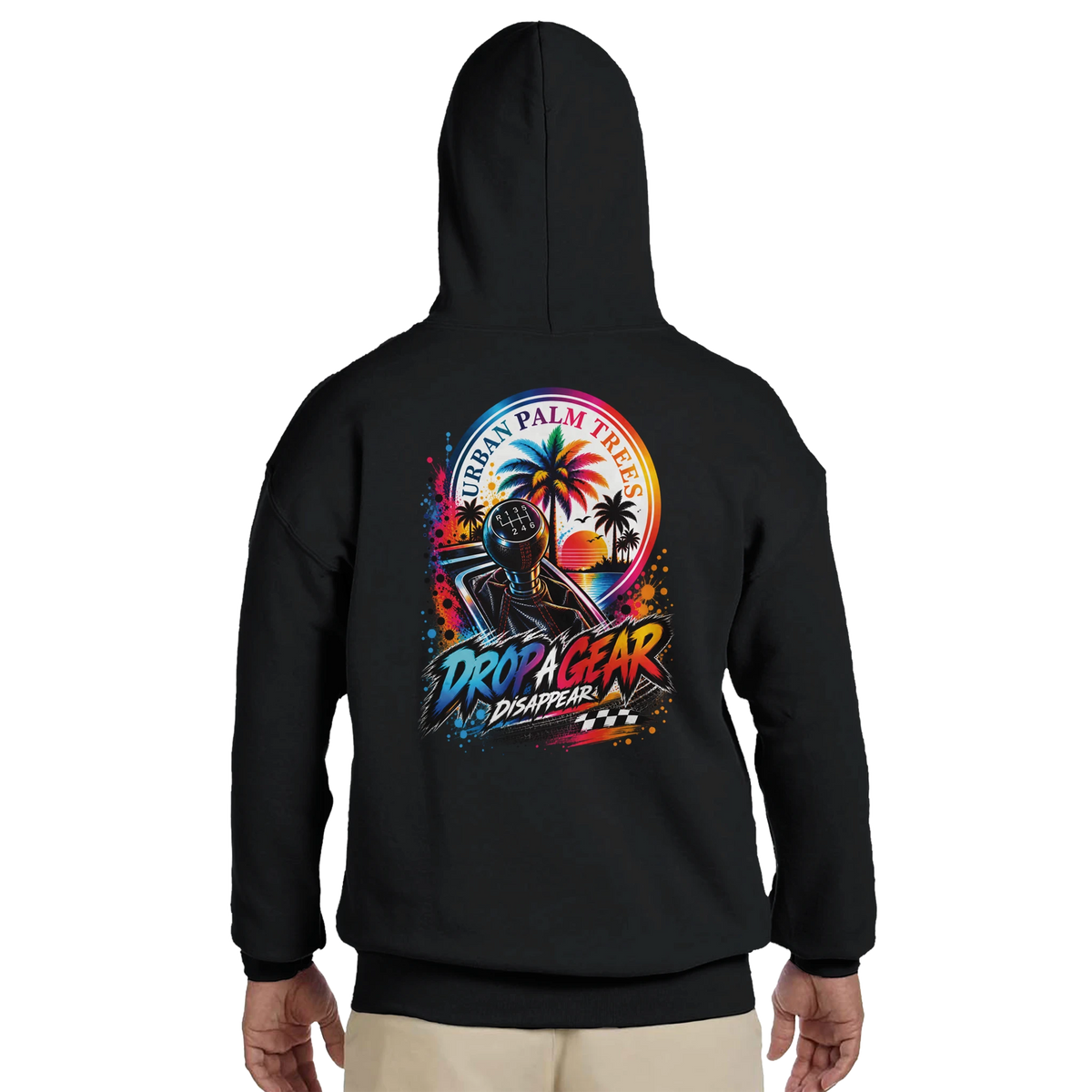 Back of black Drop A Gear hoodie for men featuring a colorful manual shifter and "Urban Palm Trees" sunset graphic. Modified car culture sweatshirt.