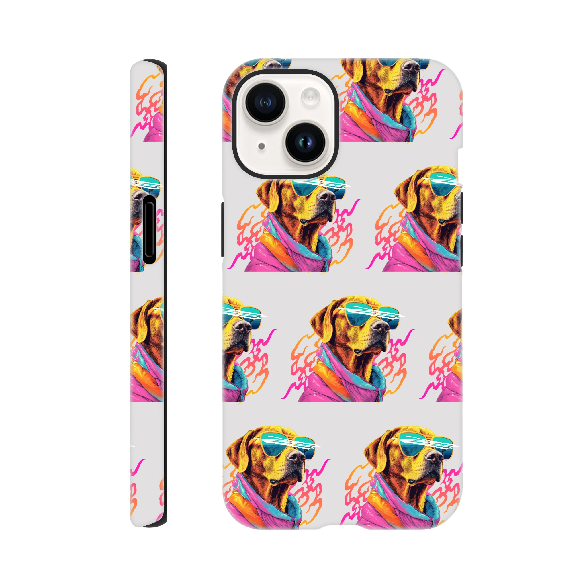 Dual-layer rugged iPhone case with wraparound dog-print pattern—colorful sunglasses-wearing dog, glossy finish.