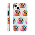 Dual-layer rugged iPhone case with wraparound dog-print pattern—colorful sunglasses-wearing dog, glossy finish.