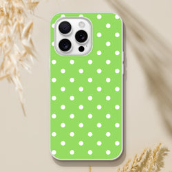 Retro green and white polka dot iPhone case with matte finish and shock-absorbing TPU protection for models 13-16.
