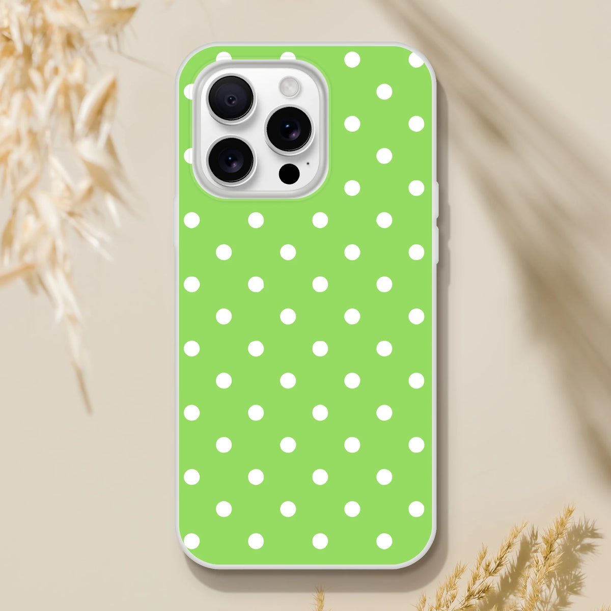 Retro green and white polka dot iPhone case with matte finish and shock-absorbing TPU protection for models 13-16.