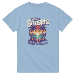 Light blue Mai Tai Dreams women's graphic tee in soft cotton blend with tropical sunset, palm trees, beach chairs.