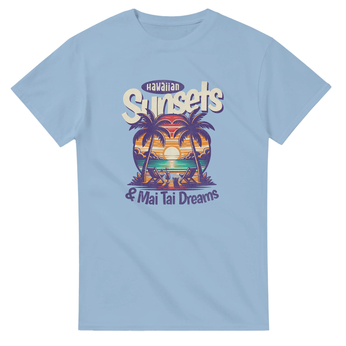 Light blue Mai Tai Dreams women's graphic tee in soft cotton blend with tropical sunset, palm trees, beach chairs.