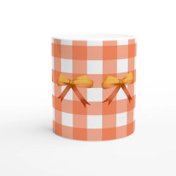 Orange Gingham Bow Mug with yellow ribbon bows, Cute Coquette coffee cup.