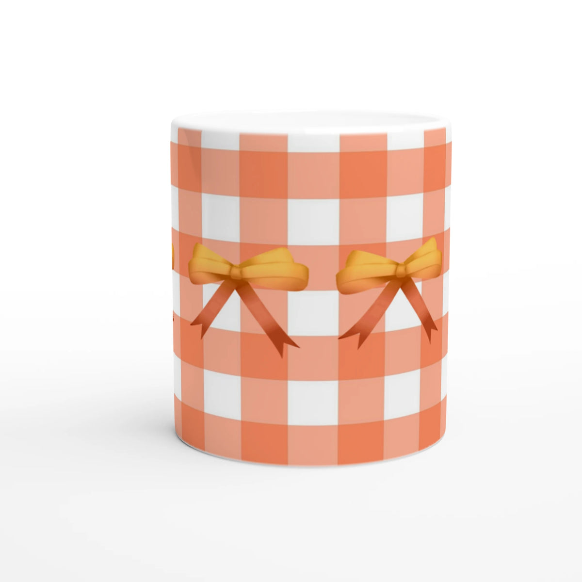 Orange Gingham Bow Mug with yellow ribbon bows, Cute Coquette coffee cup.