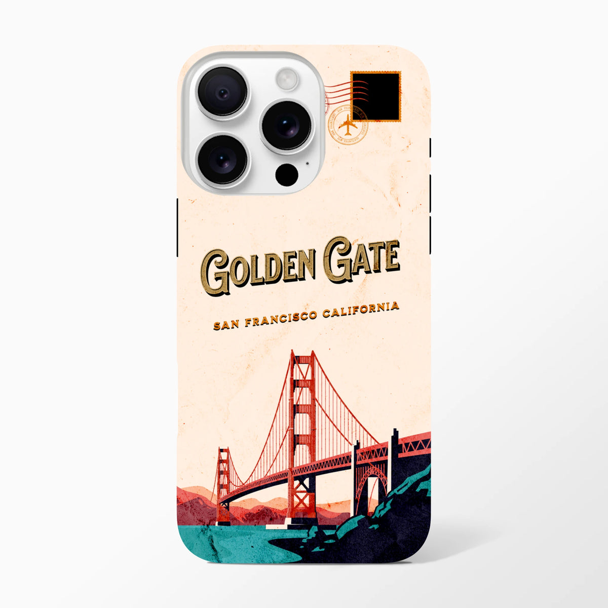 Retro vintage postcard iPhone case featuring Golden Gate Bridge illustration and San Francisco California text.