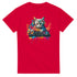 Red men's Cat DJ graphic tee with colorful splash art, cat wearing headphones at a DJ mixer.