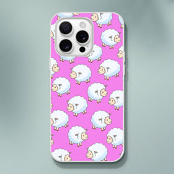 Cute Sheep iPhone Case (13-16) with pink kawaii sheep pattern on a farm-themed cover