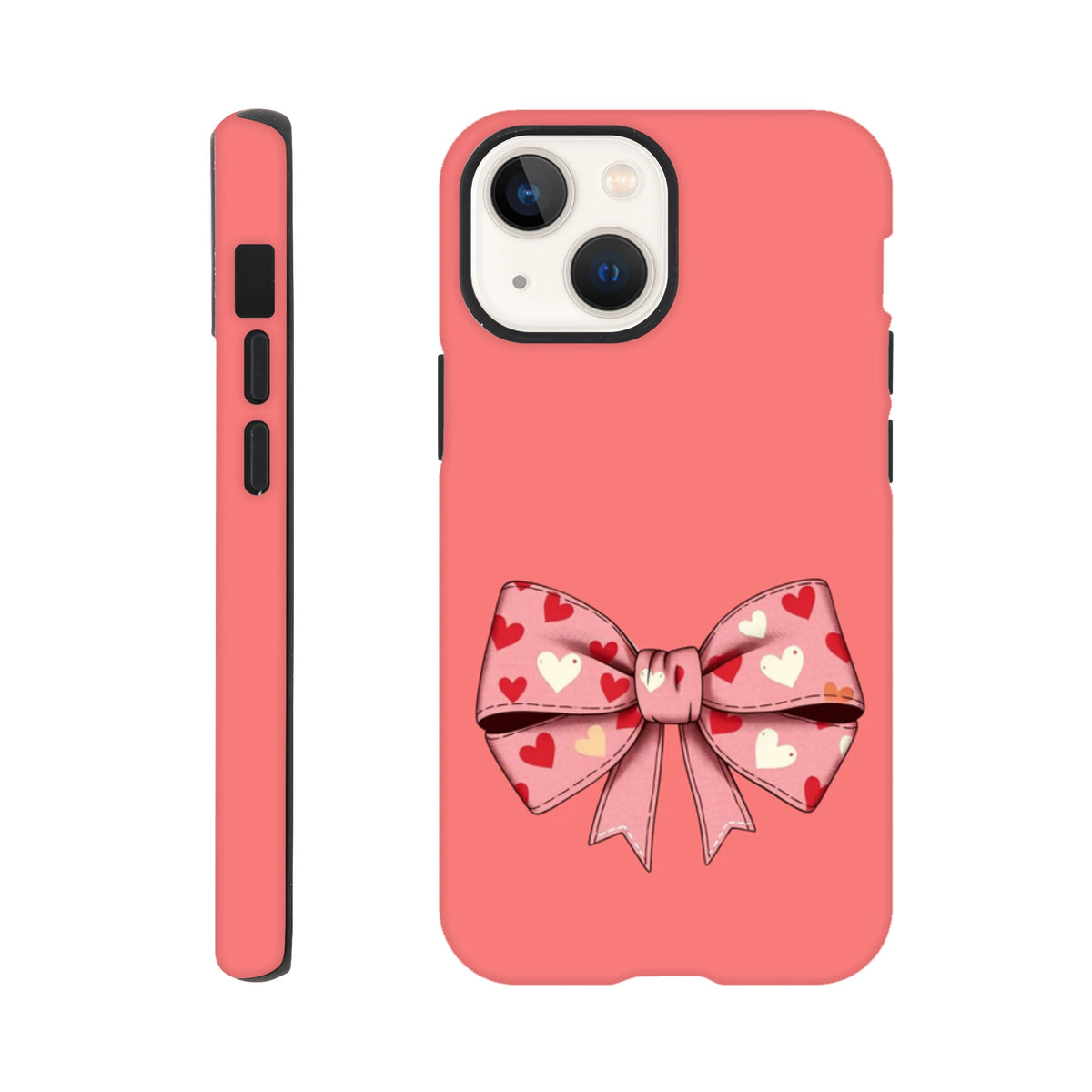 Pink iPhone case featuring a cute bow graphic patterned with small red and white hearts. Coquette style phone cover with protective bumpers.