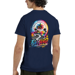 Navy blue men's t-shirt back featuring "Full Send" graphic with tire tracks, palm trees, and Urban Palm Trees sunset design.