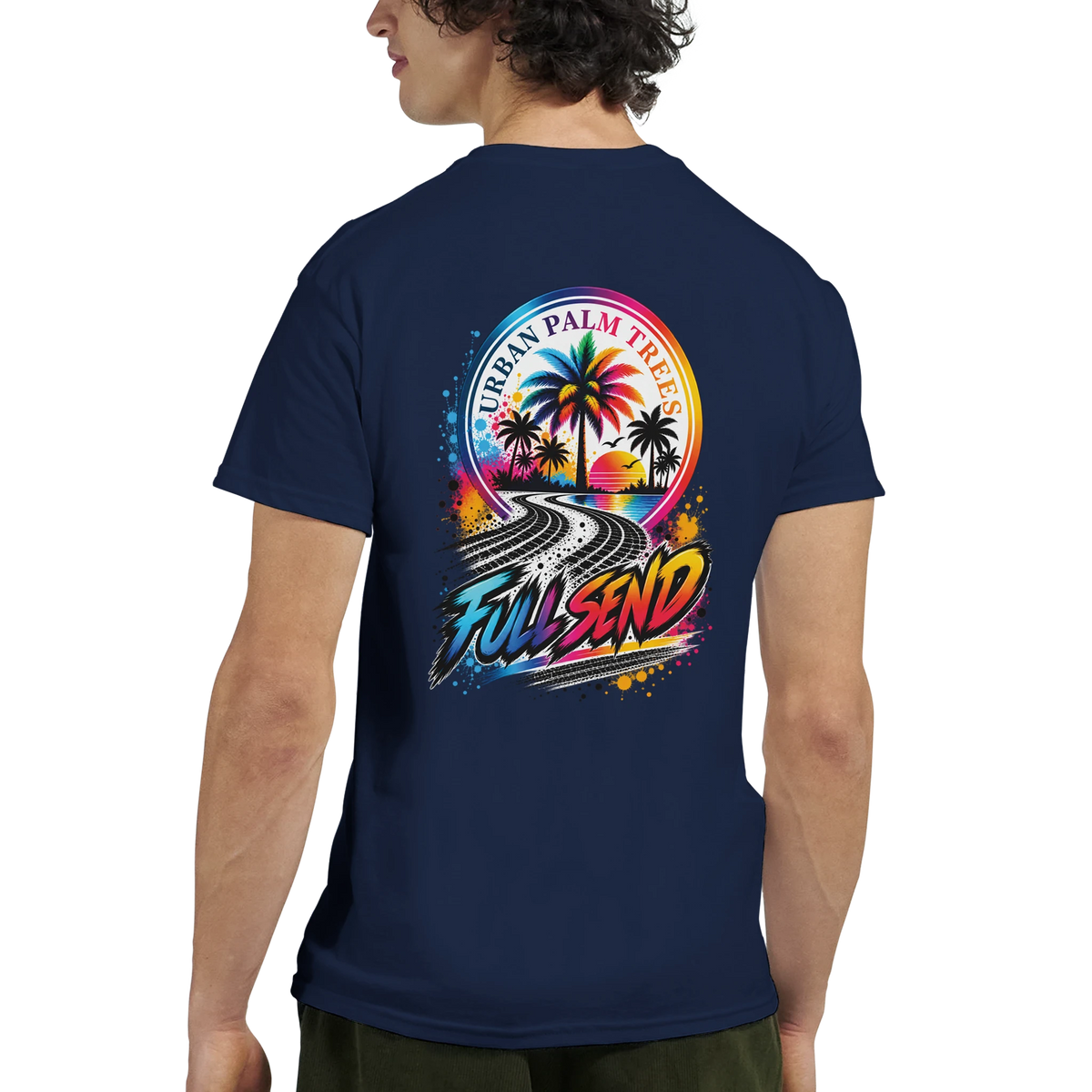 Navy blue men's t-shirt back featuring "Full Send" graphic with tire tracks, palm trees, and Urban Palm Trees sunset design.