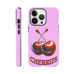 Pink iPhone case with retro Y2K cherry graphic and "CHERRIES" text. Durable tough protection for daily carry and impacts.