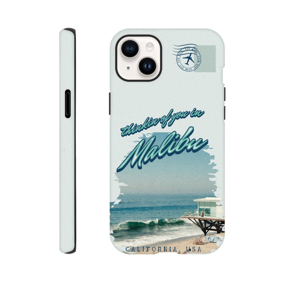 Vintage Malibu California beach scene iPhone case with retro airplane stamp and "thinkin of you in Malibu" script graphic.