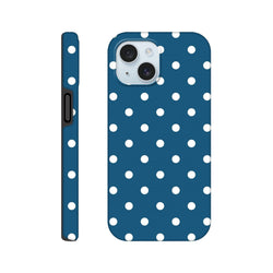 Navy blue and white polka dot tough iPhone case featuring a cute wraparound design, opaque gloss finish, and shock-absorbing protection for iPhone 13-16 models.