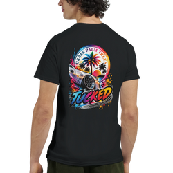 Black T-shirt back with colorful "Tucked" graphic featuring a lowered modified car, palm trees, and sunset. Modified car culture tee.