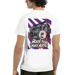 White tee featuring a vibrant retro boombox graphic on the back with purple stripes, splatter details, and "Made to Make Noise" text.