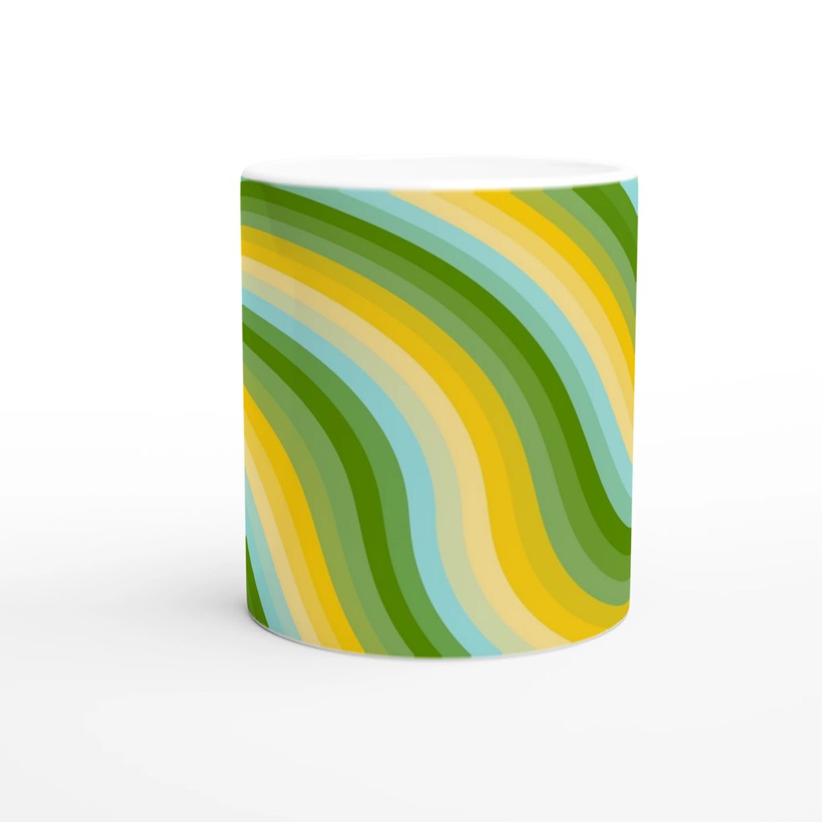 Retro green and yellow wave mug with groovy Y2K swirl ceramic coffee cup.