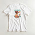 White women's graphic T-shirt with a tropical Aloha illustration of a woman in a bikini holding a cocktail.