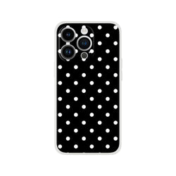Retro black and white polka dot iPhone case with slim matte TPU design for drop protection and wireless charging.