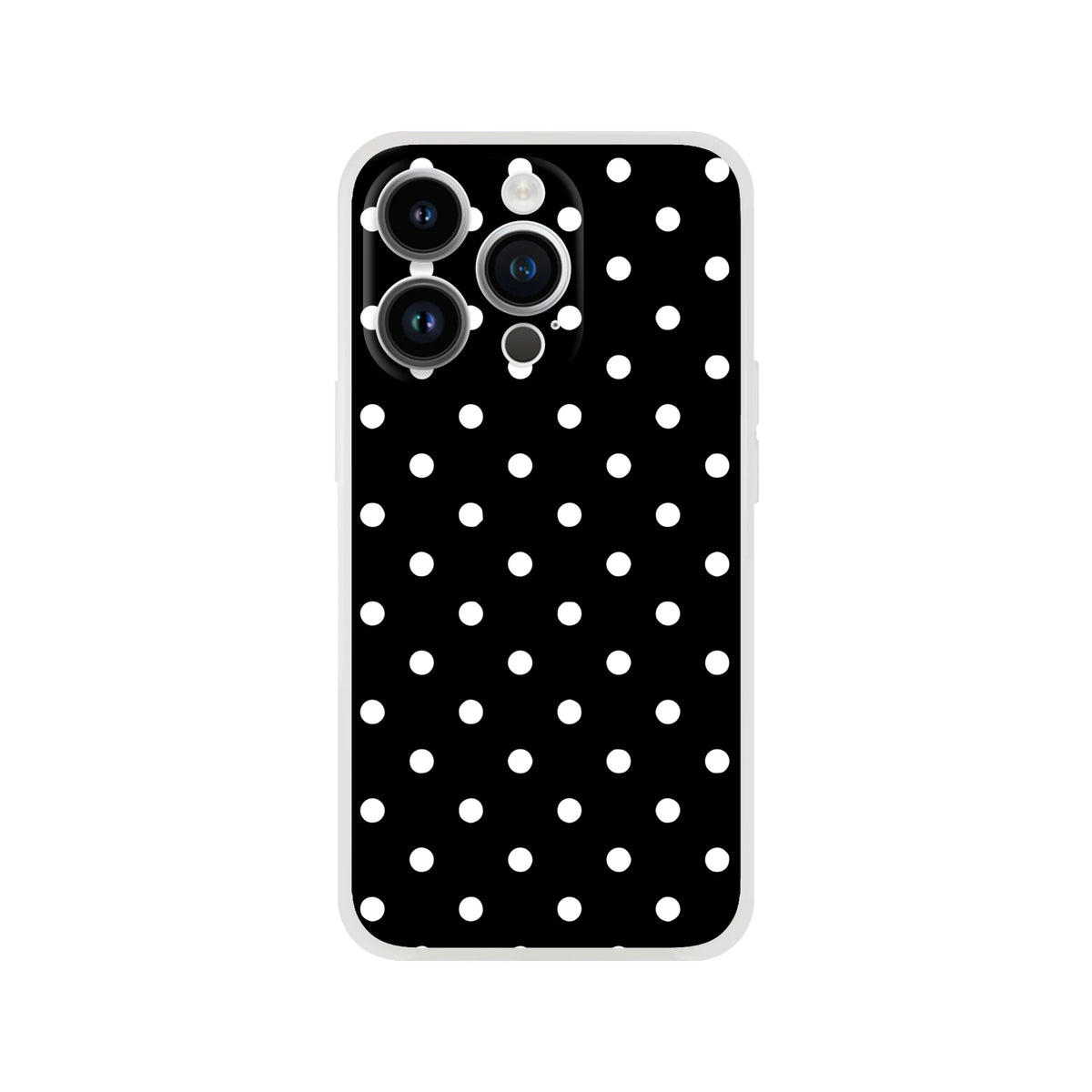 Retro black and white polka dot iPhone case with slim matte TPU design for drop protection and wireless charging.