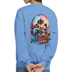 Blue crewneck sweatshirt back featuring colorful turbocharger, palm trees, and Urban Palm Trees car culture graphic design.