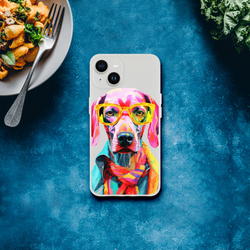 Vibrant dog portrait with yellow glasses on a transparent protective case for iPhone 13-16