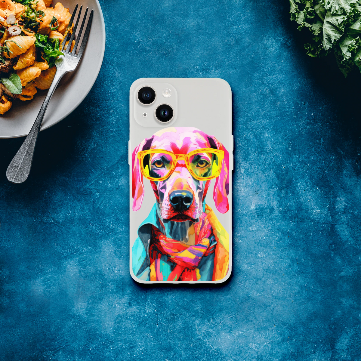 Vibrant dog portrait with yellow glasses on a transparent protective case for iPhone 13-16