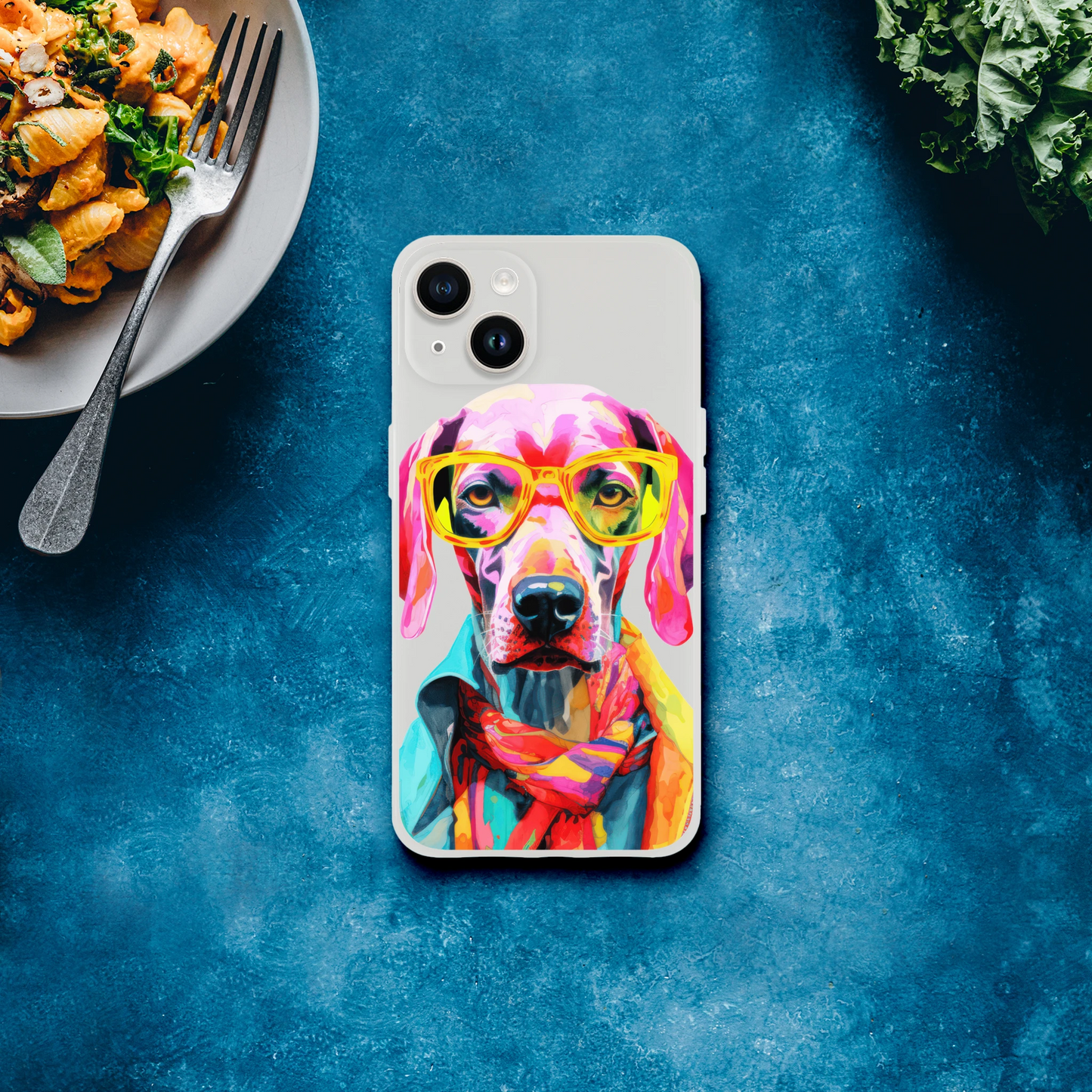 Vibrant dog portrait with yellow glasses on a transparent protective case for iPhone 13-16