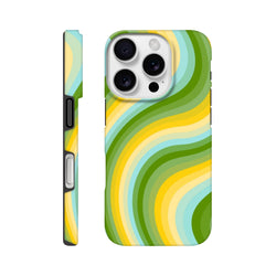 Green and yellow retro wave iPhone case with bold wavy stripes. Durable Y2K phone cover blending cyber-punk nostalgia and streetwear style.