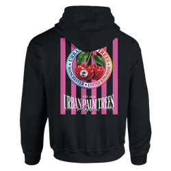Black hoodie back featuring retro pink striped cherry graphic with Urban Palm Trees text and Manchester United Kingdom details.