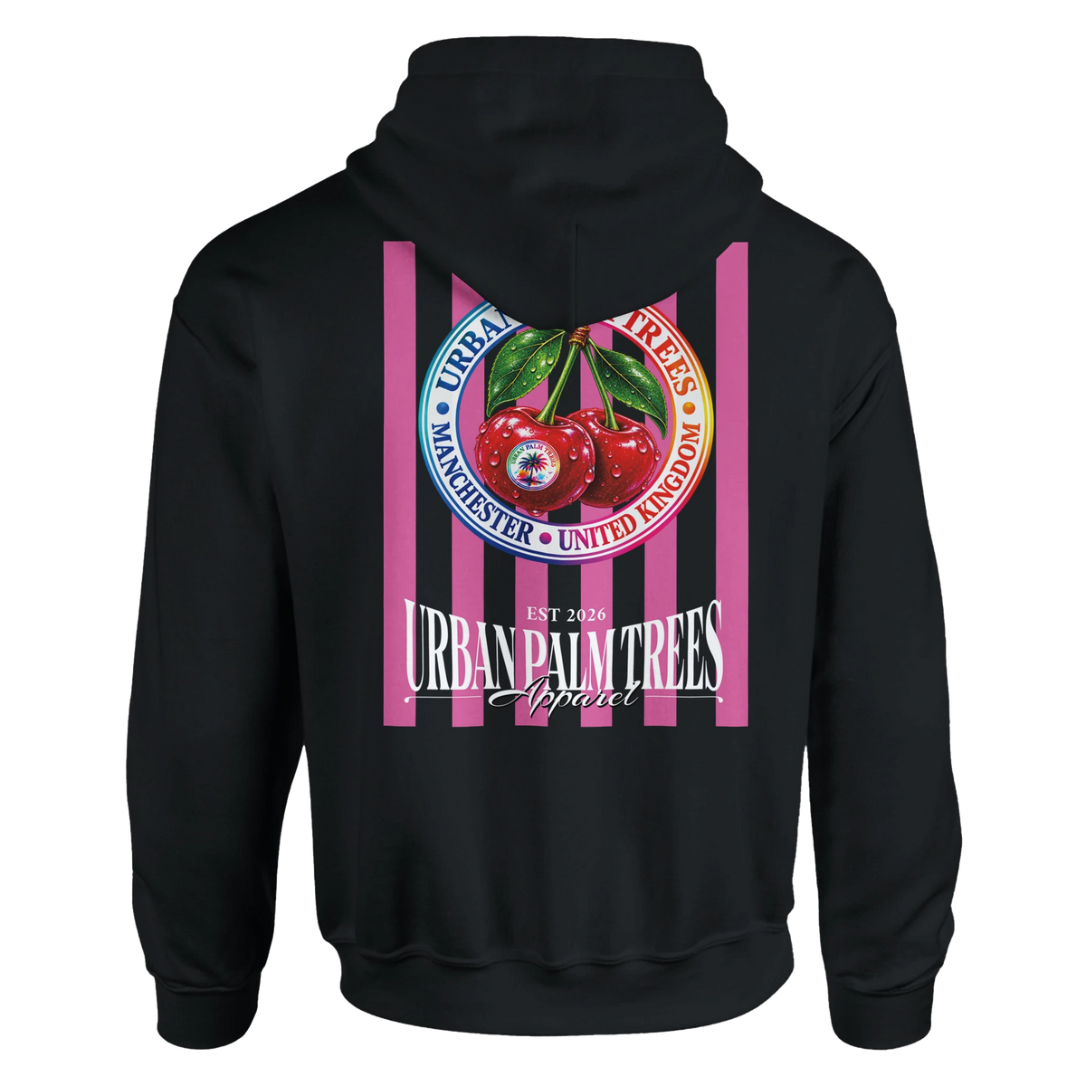 Black hoodie back featuring retro pink striped cherry graphic with Urban Palm Trees text and Manchester United Kingdom details.
