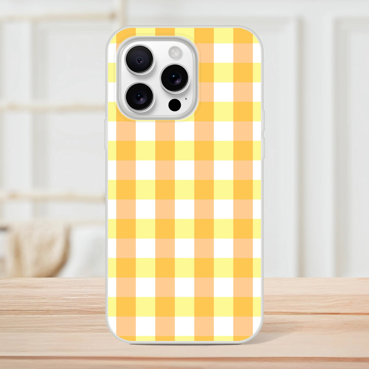 Yellow gingham iPhone case for 13-16 with a cute checkered aesthetic.