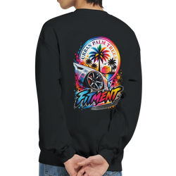 Black petrolhead sweatshirt back view featuring colorful Fitment stance graphic with lowered car, palm trees, and Urban Palm Trees text.