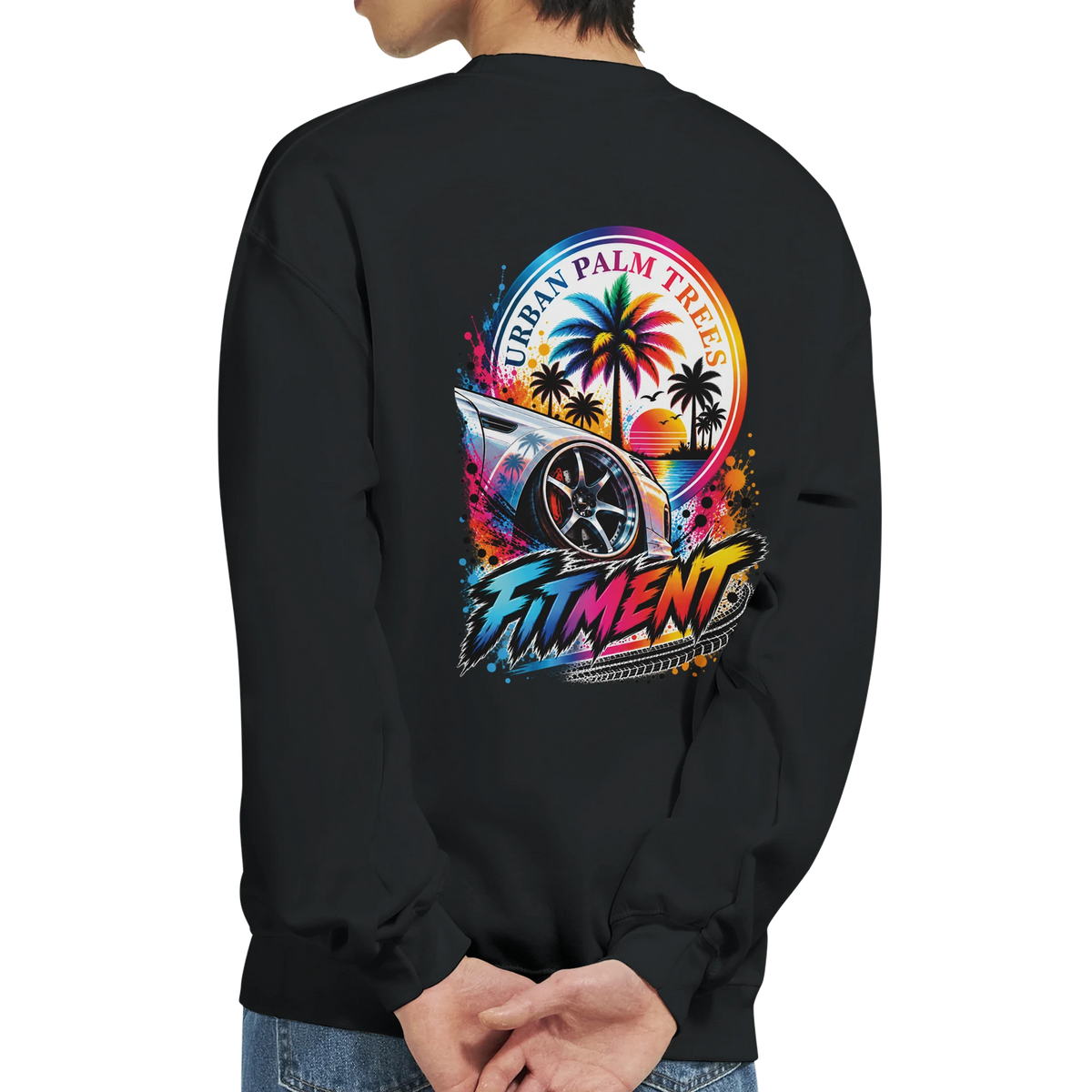 Black petrolhead sweatshirt back view featuring colorful Fitment stance graphic with lowered car, palm trees, and Urban Palm Trees text.