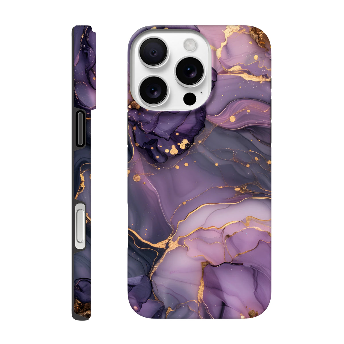 Luxury abstract purple and gold marble tough iPhone case featuring a wraparound design with metallic gold accents for models 13-16.