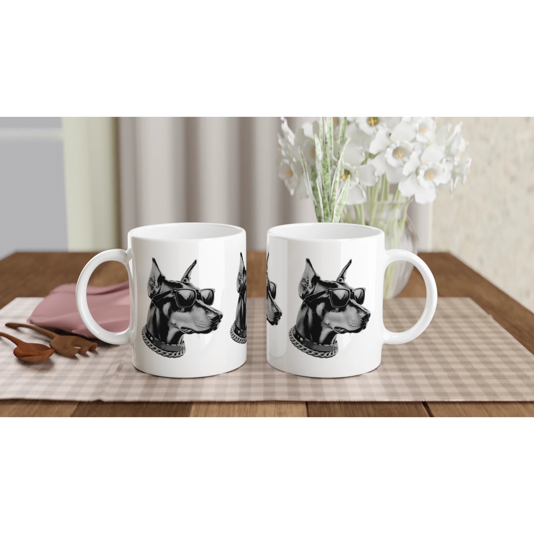 Gangster Dog Mug Gift For Him: two glossy white ceramic mugs featuring a black-and-white gangster dog in sunglasses.